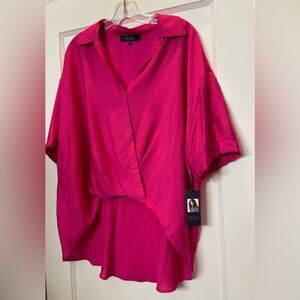 Rachel Roy Shirt Women ,High Low Collared Faux Wrap Short Sleeve Top size L,NWT